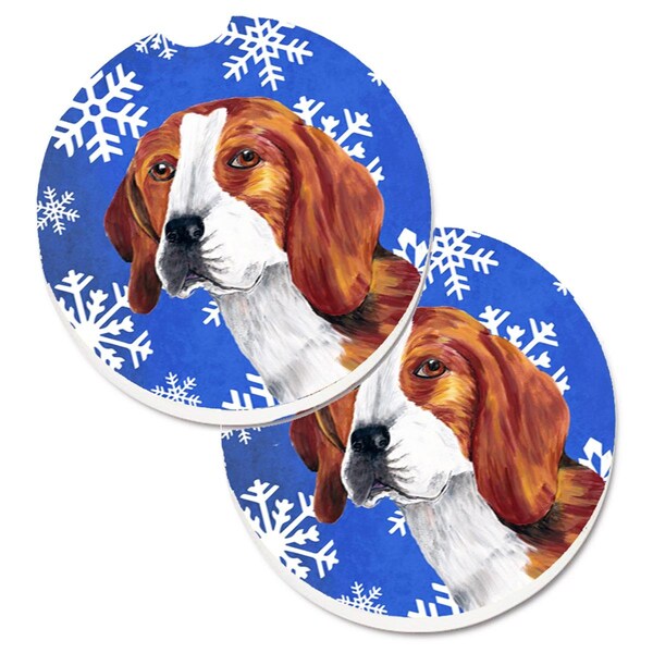 Carolines Treasures Beagle Winter Snowflakes Holiday Set of 2 Cup Holder Car Coaster SC9369CARC - main